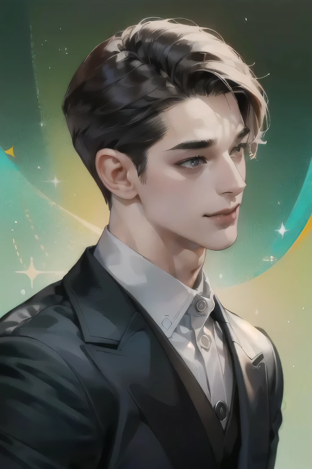 young guy, (((very athletic build))), ((Dark hair)), short hair, dark eyes, Kind smile, black suit, Bust, (((Good quality))), (((Best quality))), kind guy, bright smile, ((ровные глаза)), ((правильные глаза))