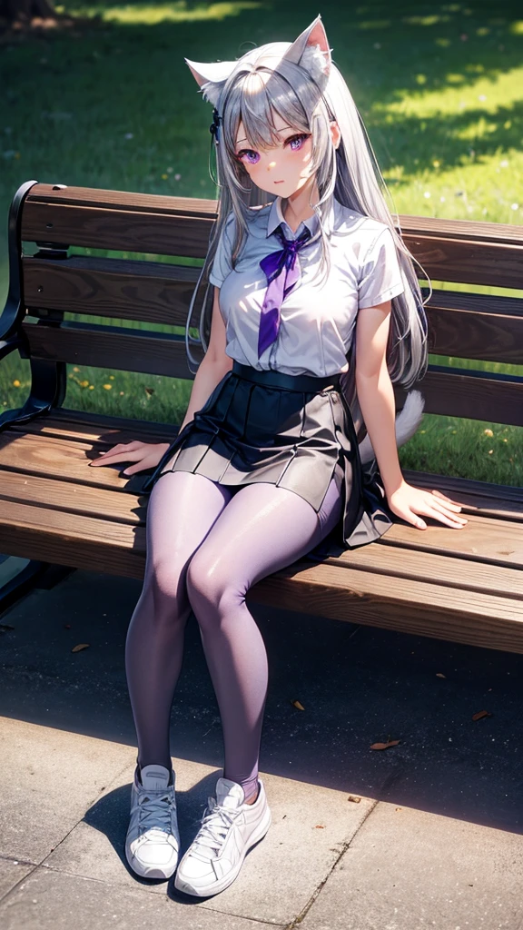 Naked, nude , medium natural breasts, silver hair, cat ears, two bell clips, purple eyes, fluffy silver tail, open school shirt, blue wide skirt, black and white leggings, white sneakers, sitting on a bench, park, sun, smokes a cigarette