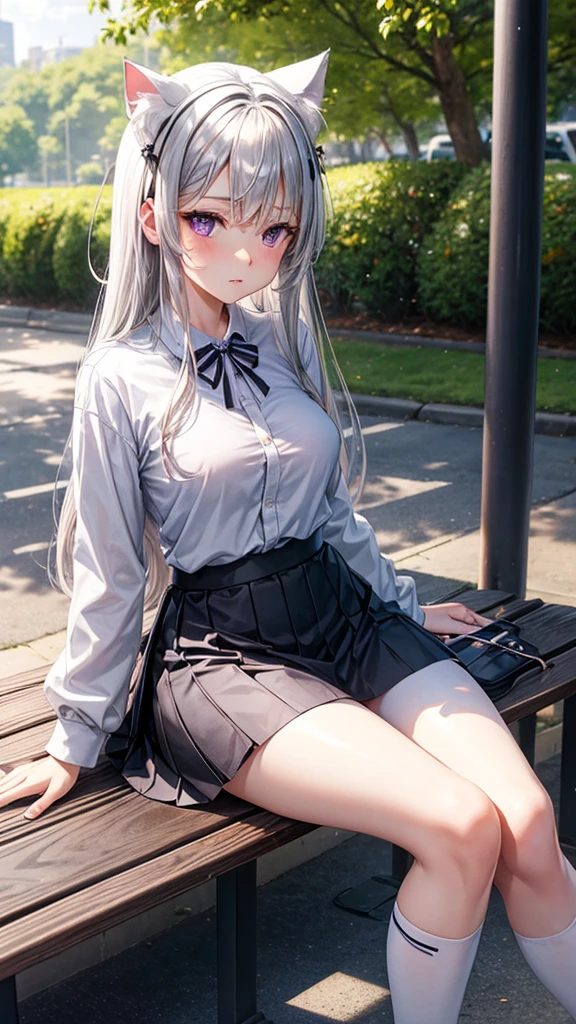 Naked, nude boobs, medium natural breasts, silver hair, cat ears, two bell clips, purple eyes, fluffy silver tail, open school shirt, blue wide skirt, black and white leggings, white sneakers, sitting on a bench, park, sun, smokes a cigarette