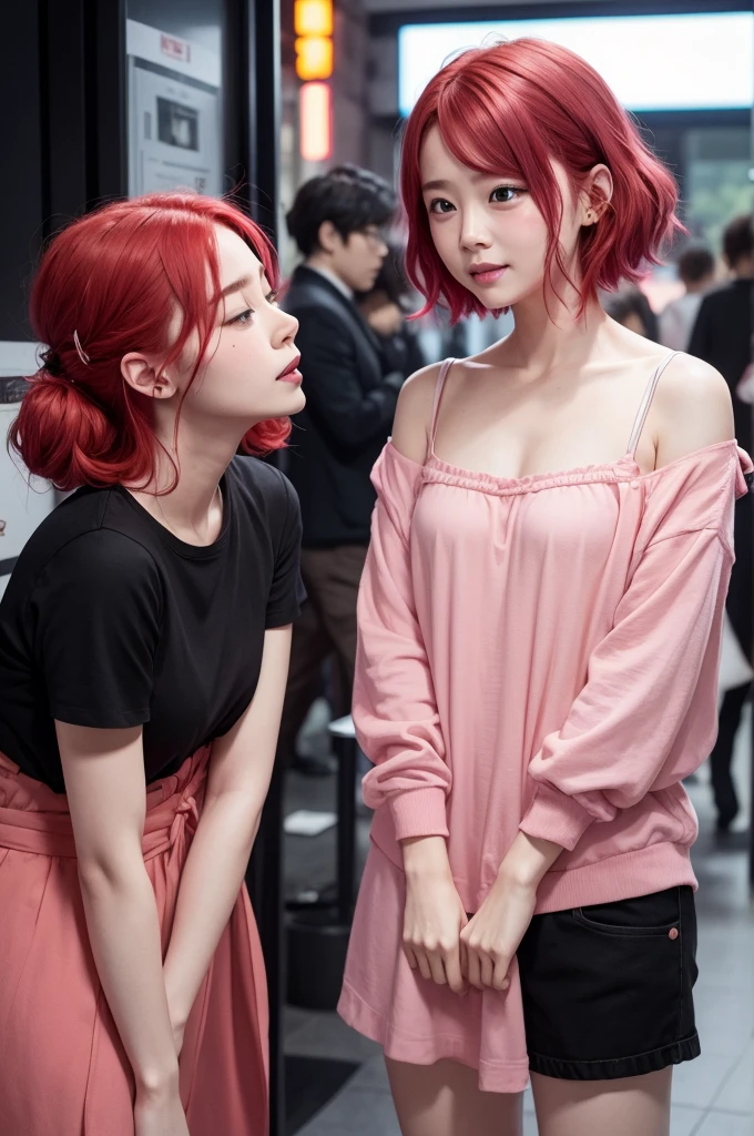 I want a photo of an emotion from the movie Fun Mind pink skin and red hair