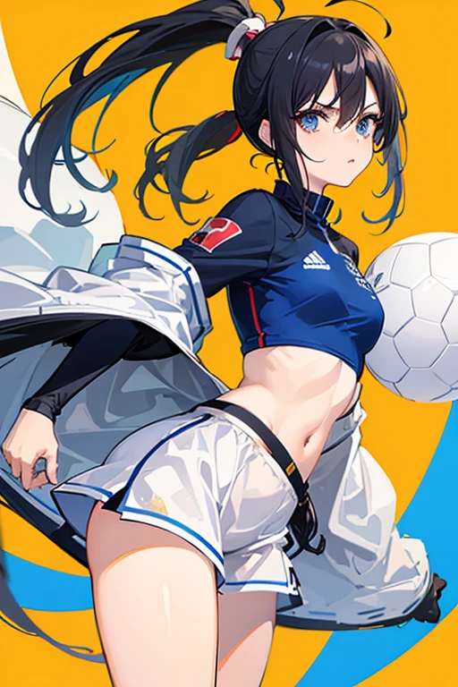 (anime ,2D) Women, soccer player , average height ,clear skin,thin face ,serious expression,blue eyes,black hair , waist length ,fringe ,collected in a ponytail,Skinny body,big breasts,small waist, France national team uniform, In a soccer field ,kicking a ball with a super technique,with a warrior spirit.