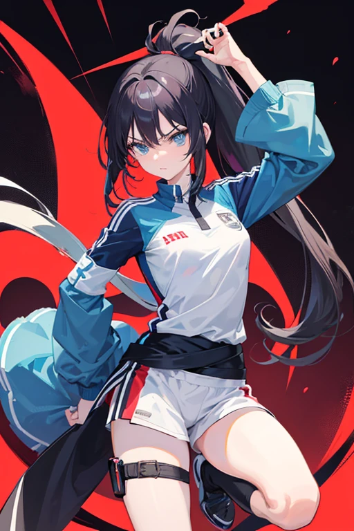 (anime ,2D) Women, soccer player , average height ,clear skin,thin face ,serious expression,blue eyes,black hair , waist length ,fringe ,collected in a ponytail,Skinny body,big breasts,small waist, France national team uniform, In a soccer field ,kicking a ball with a super technique,with a warrior spirit.