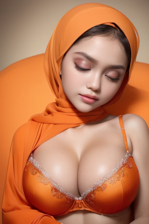 (((SLEEPING BEAUTY))), ((ULTRA FULL HD DETAILED)), ((DETAILED FACE SKIN)), Sexy Lingerie ((SLEEPING BEAUTY)), ((EYES WIDE )), ((OPEN BIG HUGE EYES)), Very Thin body ((Wearing Bra Lingerie)), (((ORANGE BERRY COLOR HIJAB)), masutepiece, High quality, UHD 32K, Realistic face, Realistic skin feeling , A Malay Lady, 8 *********. ((Face cute like a ****)), HUGE BREASTS 