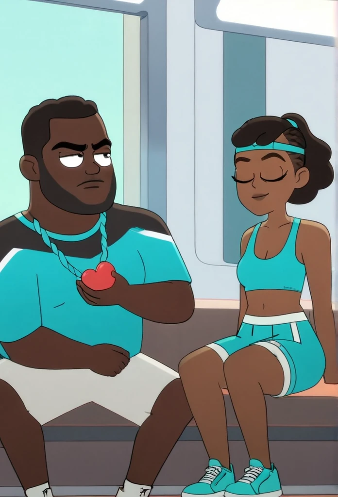 Brown skin squishy belly bbw thighs wife, dark skinned husband in basketball shorts. Heart eyes. Sitting on his lap. French braids
Turquoise outfits