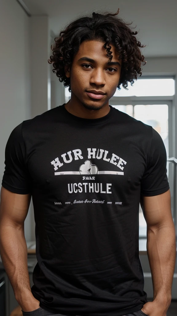 Attractive Black man, late 20’s, grey eyes, ahort curly hair, wearing black t-shirt with the words SideHustle Univ. on the front