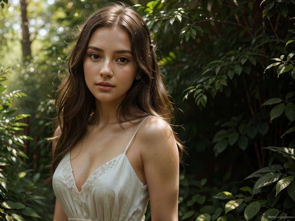 A beautiful girl in a long flowing dress, posing gracefully in a natural setting, high quality detailed portrait, intricate details, photorealistic, 8k, hyperrealistic, detailed eyes, detailed lips, delicate skin, long eyelashes, elegant, serene expression, sunlight streaming through trees, lush foliage, detailed background, warm color tones, cinematic lighting
