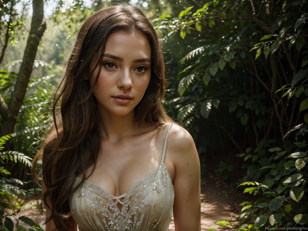 A beautiful girl in a long flowing dress, posing gracefully in a natural setting, high quality detailed portrait, intricate details, photorealistic, 8k, hyperrealistic, detailed eyes, detailed lips, delicate skin, long eyelashes, elegant, serene expression, sunlight streaming through trees, lush foliage, detailed background, warm color tones, cinematic lighting