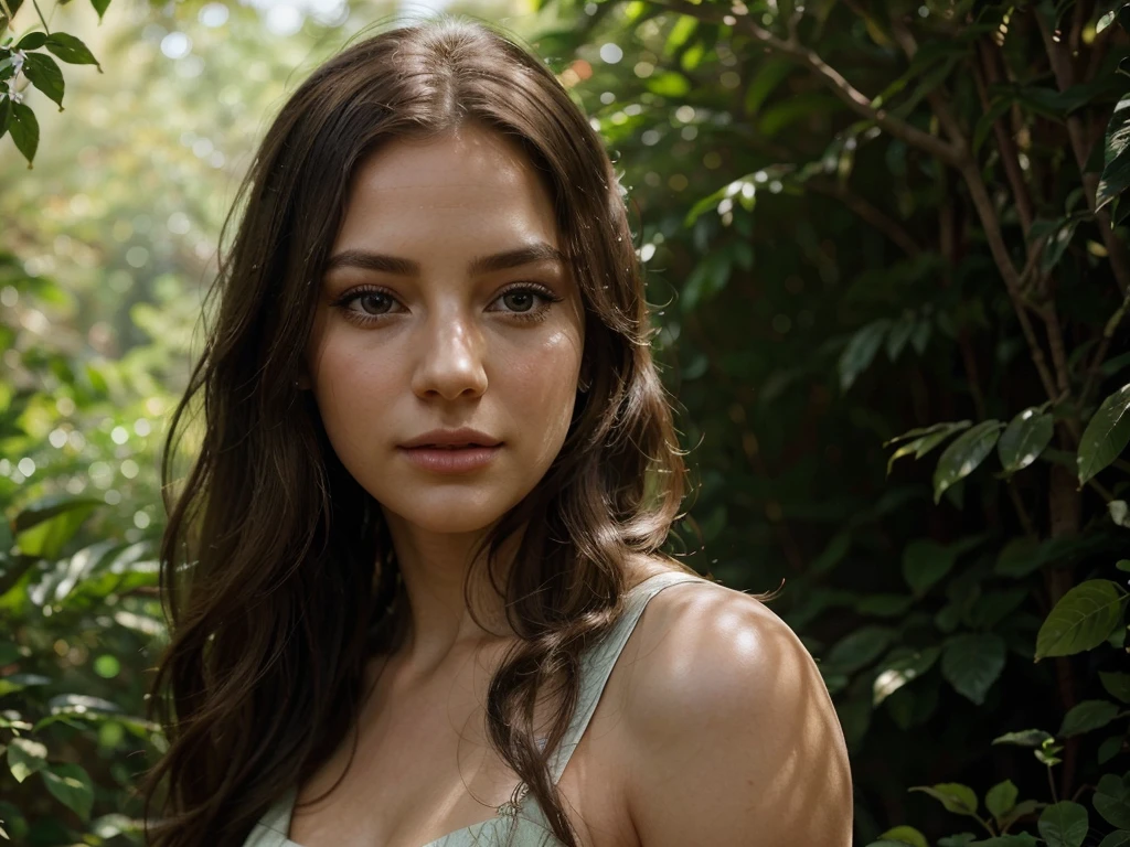 A beautiful girl in a long flowing dress, posing gracefully in a natural setting, high quality detailed portrait, intricate details, photorealistic, 8k, hyperrealistic, detailed eyes, detailed lips, delicate skin, long eyelashes, elegant, serene expression, sunlight streaming through trees, lush foliage, detailed background, warm color tones, cinematic lighting