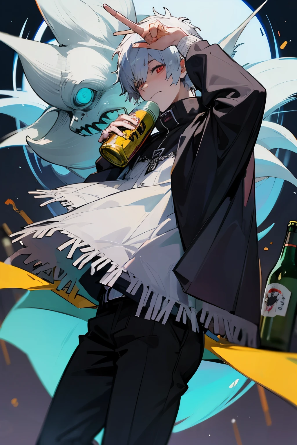 draw a drunken ghoul from the anime Tokyo ghoul man with a bottle of beer in his hands dressed in a Poncho and saying I'm a RITER SPORT