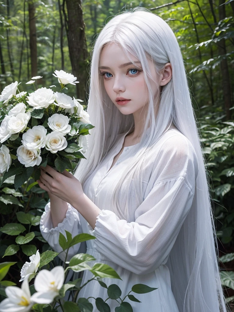Long white hair, blue eyes, serious features, white skin, loose style, in a garden, with flowers , in the forest