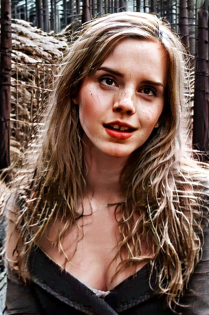best quality,best lighting,whole body,a woman with long hair and a red lip is standing in a forest with trees and rocks in the background