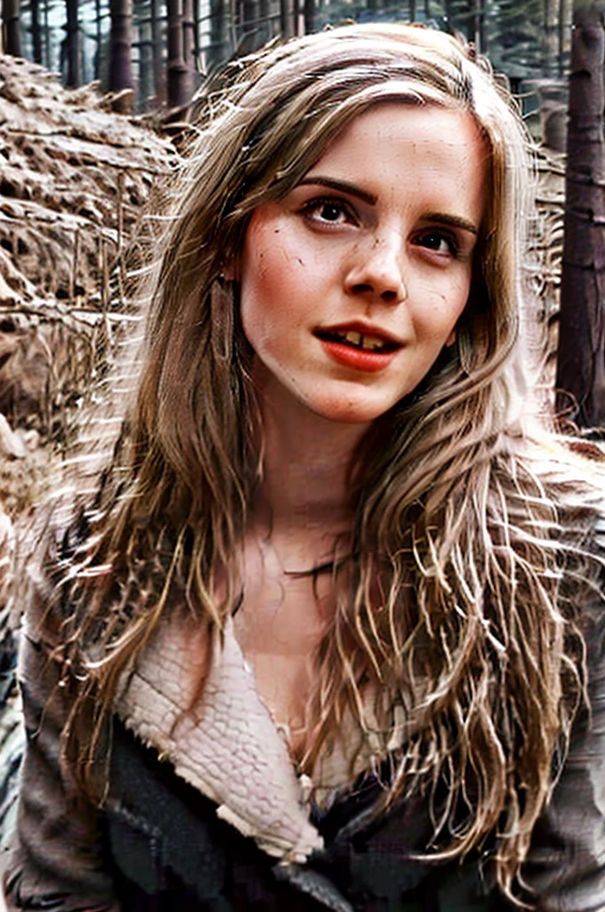 best quality,best lighting,whole body,a woman with long hair and a red lip is standing in a forest with trees and rocks in the background