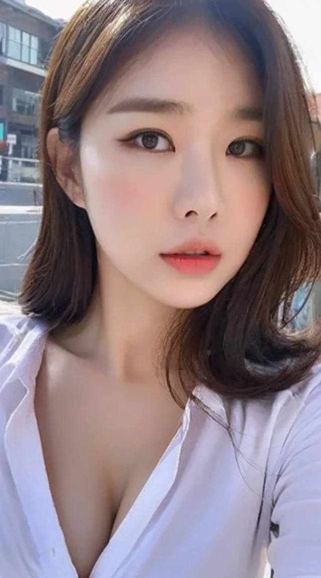 ((best qualtiy, 8K, tmasterpiece:1.3)), Sharp:1.2, perfect figure beautiful woman:, yoo in na, Slim abs:1.2, ((Layered Hair Style, huge tit:1.3,cleavage:1.2)), (A long shirt with transparent wet white buttons：1.1），（Sateen，the street：1.2），Get wet：1.5，Highly detailed facial and skin texture，A detailed eye，double eyelid，Look sideways at the camera