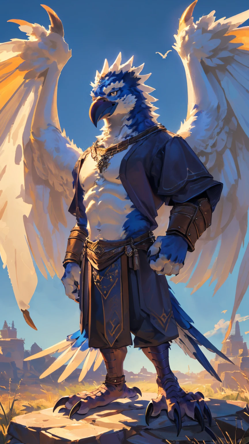 ((middle Ages:1.3)),【Sky background:1.6】,(Royal Family:1.2),((sunny:1.4)),high resolution,4K,【9:16 Whole body:1.1,posture:1.5】,masterpiece,high quality,((Griffin)),male,Furry,(ager:1.3),hairy,((Fierce and vicious:1.4)),(((Lean:1.2,Big Wings:1.3,Bird claws子:1.3))),(((White upper body:1.4))),(((White Wings:1.3))),(((pupil:1.2))),(((Bird claws:1.3))),(((Lower Body:1.3))),((No shirt,No underwear)),Exquisite eyes,Detailed body,Detailed claws,Detailed feet,Kenket's Art