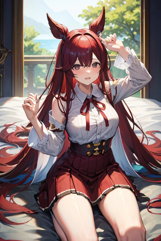 1 boy and 1girl are having sex on bedcowgirl position, squatting, spread legcum in pussy((Hoshino Sora・Granblue Fantasy))(lovelive)(((Big Ribbon、 absurdly Long Cut、absurdly long hair、hair over one eye、Silver and red hair color)))、red maxi length skirt、tights、round face、slipper、One big heart shaped ribbon、beef bowl、eat、
