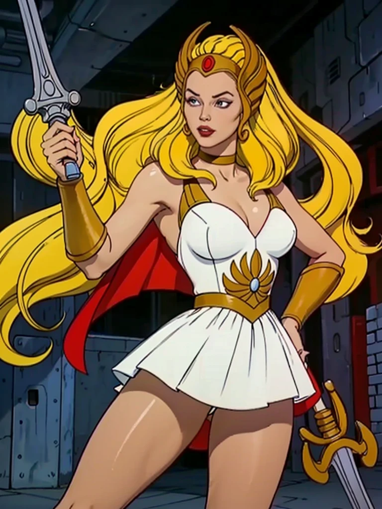 raw photo of a 1girl, (solo:1.3),
1girl, solo, She-ra, long hair, blonde hair, blue eyes, tiara, white dress, choker, red cape, makeup, lipstick, 
breasts, medium breasts, bracer, wristband,
looking at viewer, portrait, 
weapon, sword, cape, parody, Sword of Grayskull, sword of power, 
boots, 
rating:safe, 1980s \(style\), retro artstyle,
Dynamic pose,
smug smile,

tall , (muscular body:1.3), (femenine hands:1.3),

skindentation, narrow waist, thighs, wide hips, half eye close, eyeliner, eyelashes, perfect face, detailed eyes, facial lighting,

looking at viewer (masterpiece, high quality:1.2)  