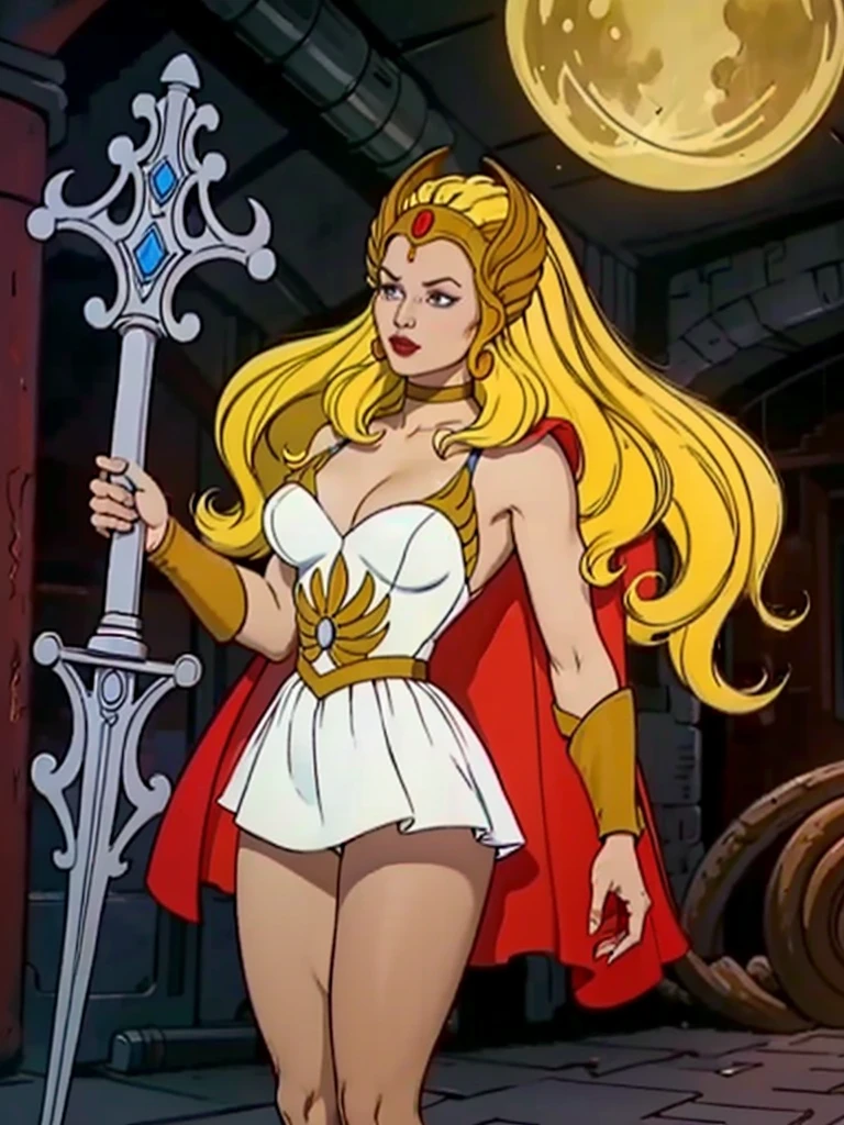 raw photo of a 1girl, (solo:1.3),
1girl, solo, She-ra, long hair, blonde hair, blue eyes, tiara, white dress, choker, red cape, makeup, lipstick, 
breasts, medium breasts, bracer, wristband,
looking at viewer, portrait, 
weapon, sword, cape, parody, Sword of Grayskull, sword of power, 
boots, 
rating:safe, 1980s \(style\), retro artstyle,
Dynamic pose,
smug smile,

tall , (muscular body:1.3), (femenine hands:1.3),

skindentation, narrow waist, thighs, wide hips, half eye close, eyeliner, eyelashes, perfect face, detailed eyes, facial lighting,

looking at viewer (masterpiece, high quality:1.2)  