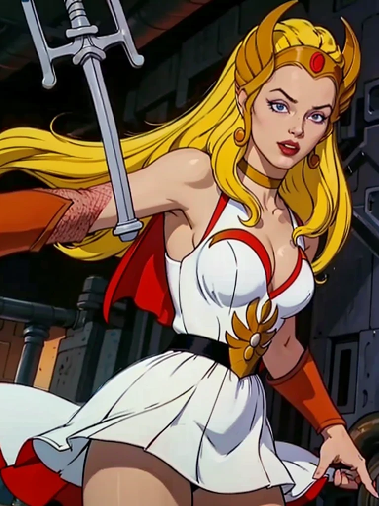 raw photo of a 1girl, (solo:1.3),
1girl, solo, She-ra, long hair, blonde hair, blue eyes, tiara, white dress, choker, red cape, makeup, lipstick,
breasts, medium breasts, bracer, wristband,
looking at viewer, portrait,
weapon, sword, cape, parody, Sword of Grayskull, sword of power,
boots,
rating:safe, 1980s \(style\), retro artstyle,
Dynamic pose,
smug smile,
tall , (muscular body:1.3), (femenine hands:1.3),
skindentation, narrow waist, thighs, wide hips, half eye close, eyeliner, eyelashes, perfect face, detailed eyes, facial lighting,
looking at viewer (masterpiece, high quality:1.2)
