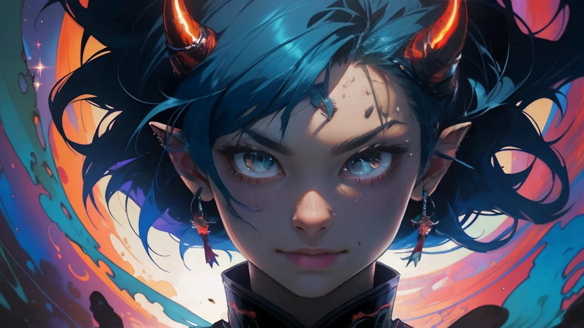 realist, (Masterpiece, Superior quality, Best Quality, Official Art, Beauty, atmospheric, cosmic, Gothic, Blue Hair, Psychedelic, dreamlike, horror, in the style of tokyo ghoul and devil may cry: 1.2), Very detailed, Fractal Art, showy, More Detailed, tangled, (abstract background: 1.5) (1 chico: 1.3), Ghoul, oni horns, short Blue Hair, Hair, (bright red eyes, tons of tattoos and piercings), Mysterious, (dark magic), beautiful goth elf woman, Japanese folklore style