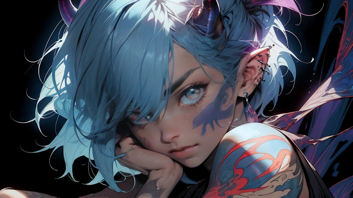 realist, (Masterpiece, Superior quality, Best Quality, Official Art, Beauty, atmospheric, cosmic, Gothic, Blue Hair, Psychedelic, dreamlike, horror, in the style of tokyo ghoul and devil may cry: 1.2), Very detailed, Fractal Art, showy, More Detailed, tangled, (abstract background: 1.5) (1 chico: 1.3), Ghoul, oni horns, short Blue Hair, Hair, (bright red eyes, tons of tattoos and piercings), Mysterious, (dark magic), beautiful goth elf woman, Japanese folklore style