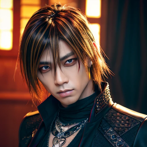 1 japanese male rocker, asien eyes, Visual Kai hairstyle, ultra detailed face and body, hyperrealistic, realistic representation, muscular, broad shoulders, tattoos gothic style, piercings, Visual Kei style, hairstyle Visual Kei, blond, 40 years old, age 40 outfit gothic streampunk, men's shirt and black pants, Asian eyes, eyes Asian, long hair, long hair