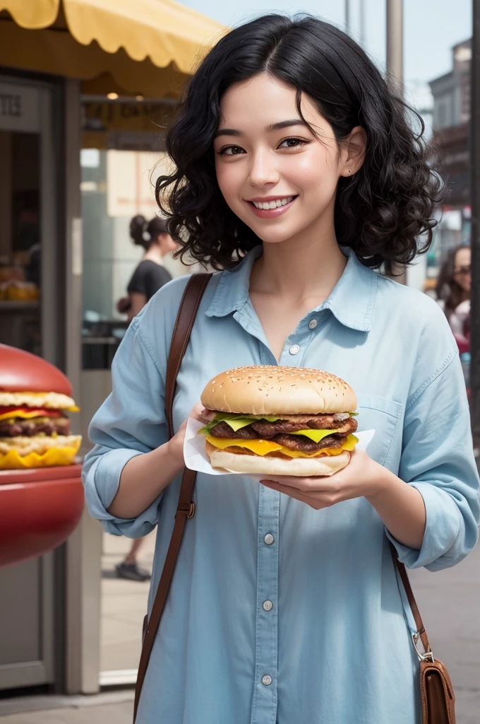 I want a photo of an emotion from the pixar movie. with curly black hair, Caucasian skin, slanted eyes and is holding hamburgers, she is happy.