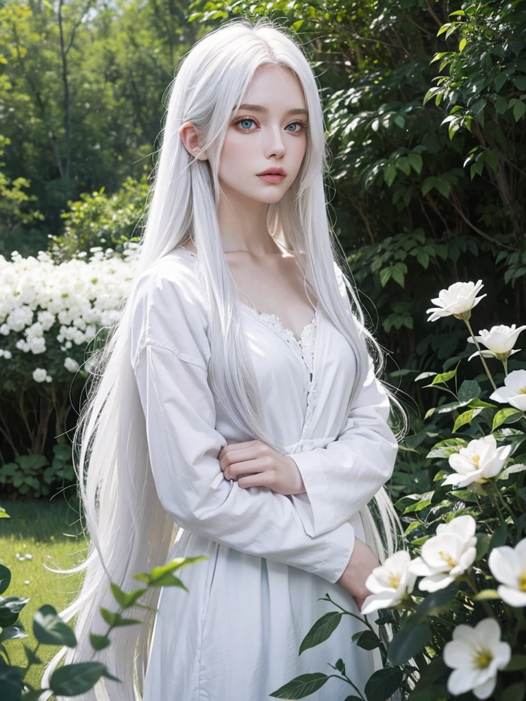 Long white hair, blue eyes, serious features, white skin, loose style, in a garden, with flowers , in the forest