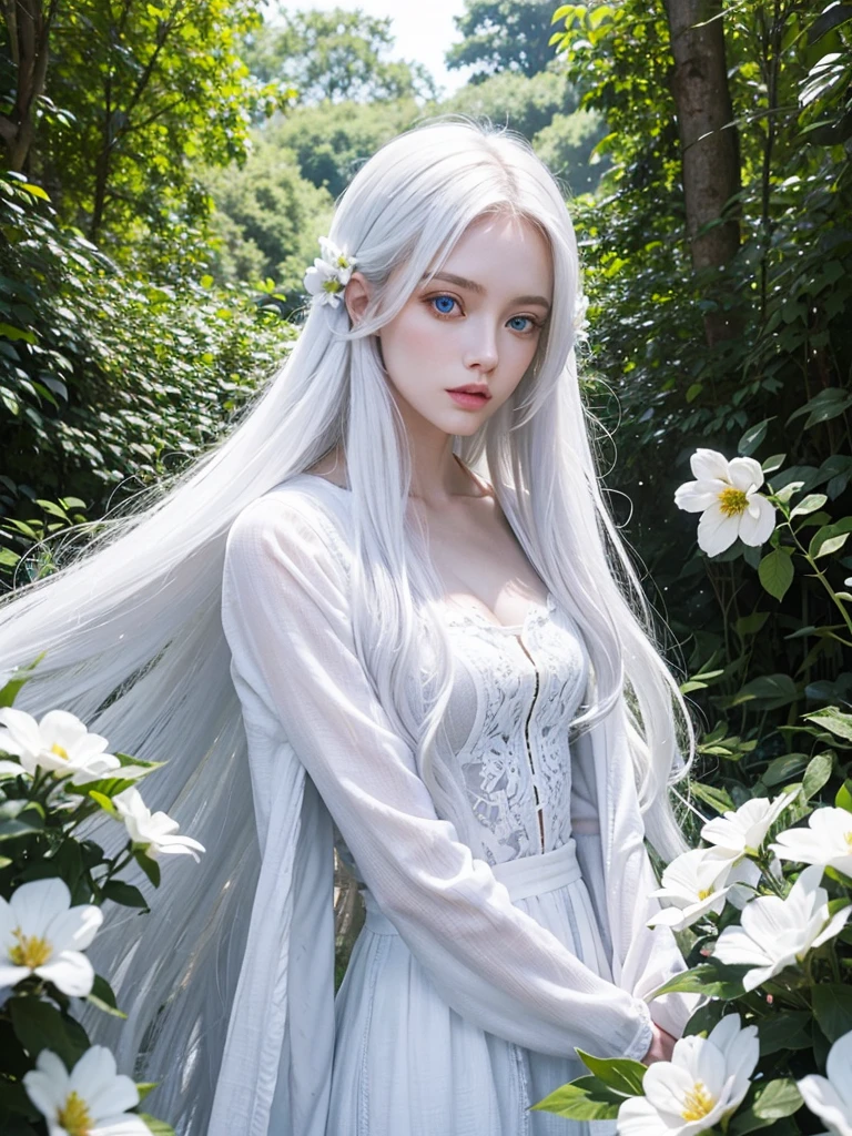 Long white hair, blue eyes, serious features, white skin, loose style, in a garden, with flowers , in the forest 