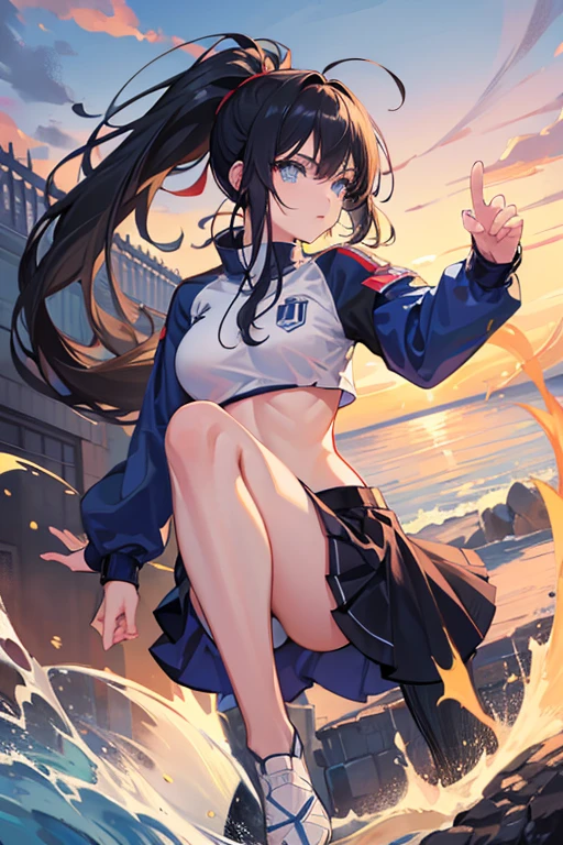 (anime ,2D) Women, soccer player , average height ,clear skin,thin face ,blue eyes,black hair , waist length ,fringe ,collected in a ponytail,Skinny body,big breasts,small waist, France national team uniform, In a soccer field ,kicking a ball with a super technique,with a warrior spirit.