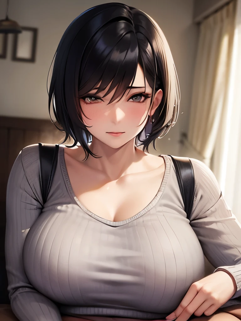 motherly, mother, youthful appearance, milf, shortcut, short hair, black hair, mole under the left eye, sweater, big breasts, chubby, motherly body, sad expression 