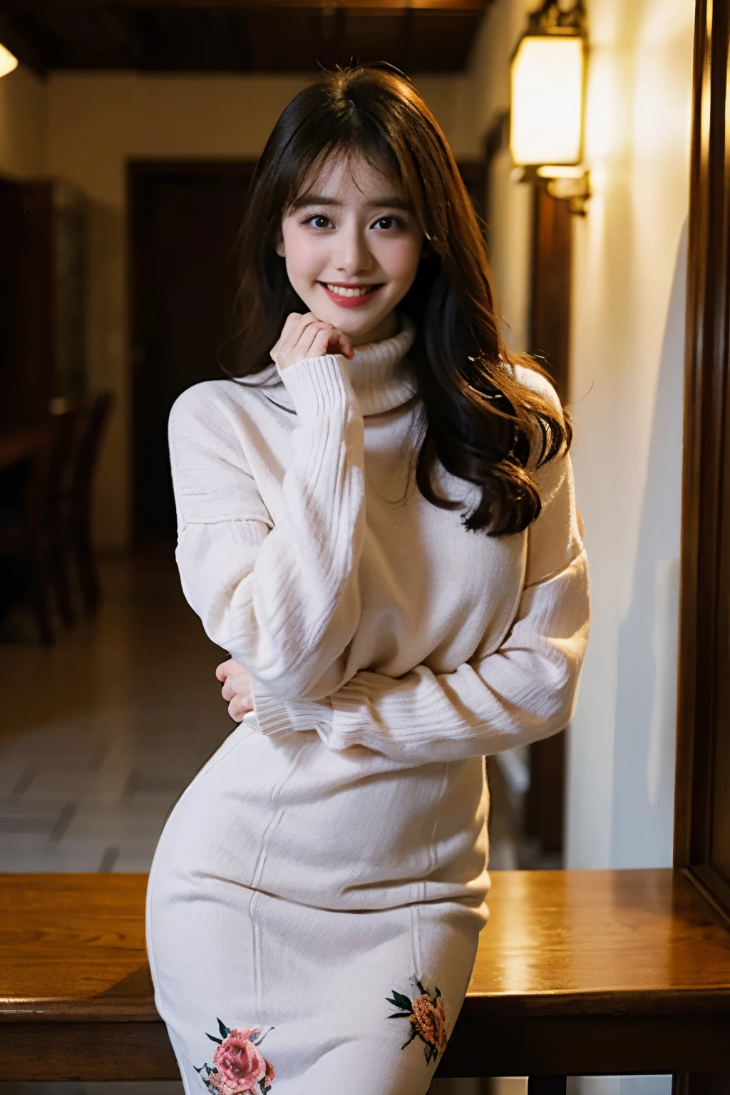 1 Girl,Smile,turtleneck sweater,long floral dress,Sexy pose,best quality,masterpiece,illustration,Extremely delicate and beautiful,CG,Unite,8k wallpaper,Astonishing,Fine details,masterpiece,Official Art,Extremely detailed CG Unite 8k wallpaper,Ridiculous,Huge file size,Extremely detailed,high resolution,Extremely detailed,Beautiful and delicate girl,Practical,Full front,outdoor,Light Contrast,