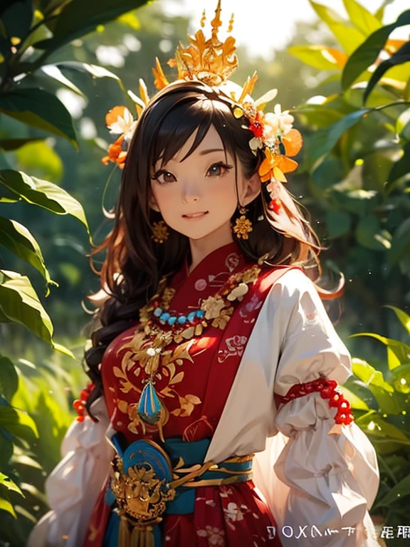 One Girl, The Amazon Queen wears a feathered crown of leaves and、Images of people wearing beaded or wood beaded accessories。The background is a lush green jungle、The Queen is posing like a warrior。
, Cowboy Shot