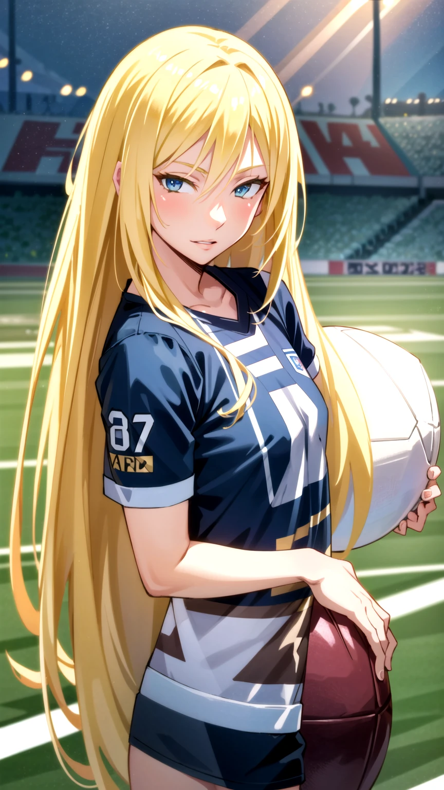 Masterpiece, best quality, very detailed, Ultra high resolution, (photorealistic:1.4), raw photos, (realistic:0.2), 1 girl, alone, long hair,,8k hdr, 1 girl,Blonde hair,  medium-large breast, bright eyes, , medium-small breasts,Wear a football shirt, Ball Field