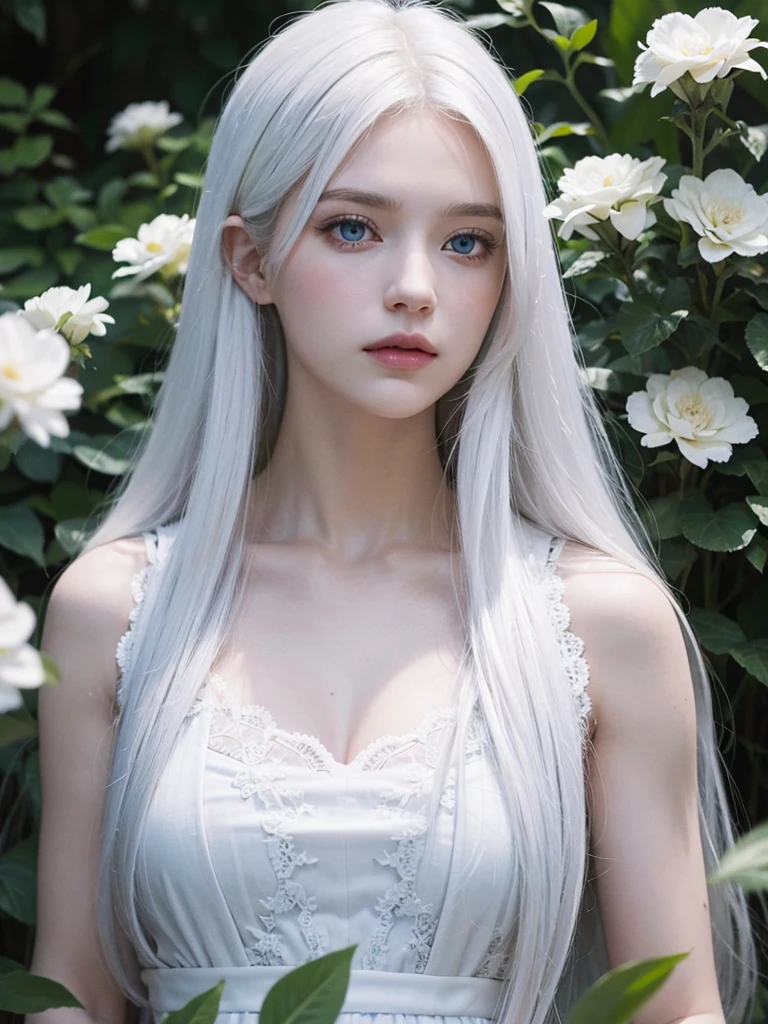 Long white hair, blue eyes, serious features, white skin, loose style, in a garden, with flowers , in the forest
