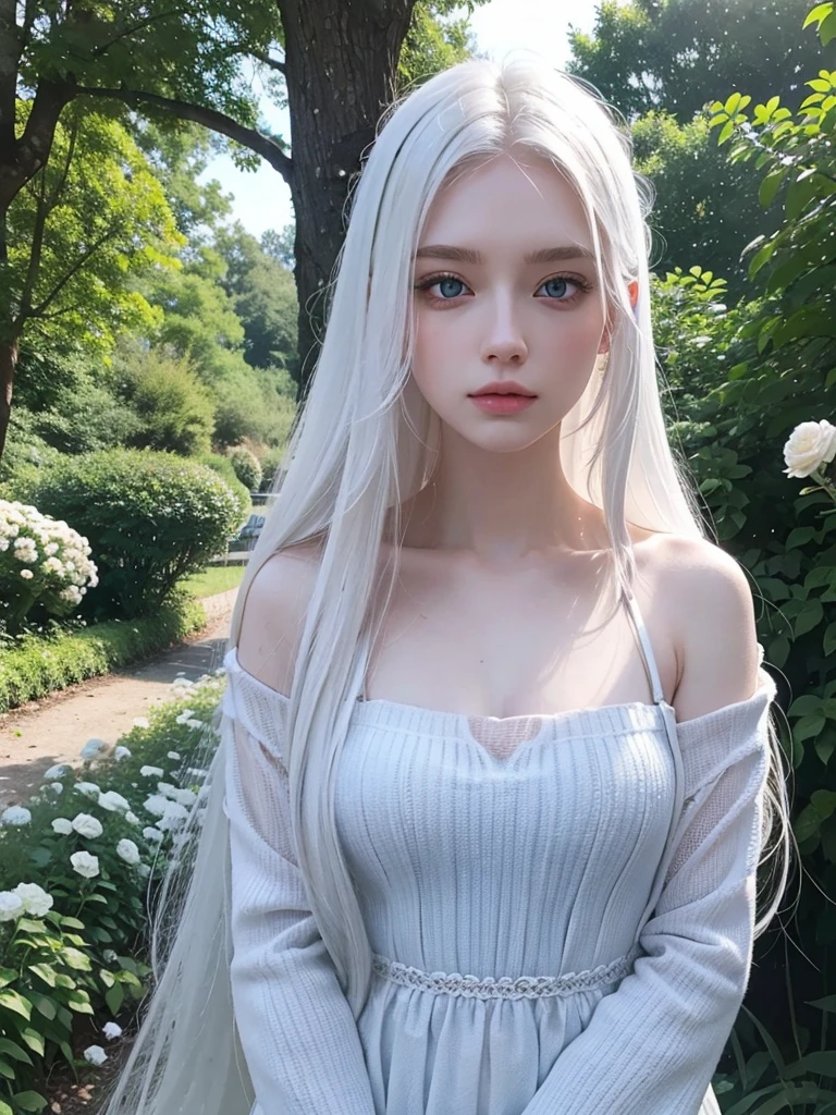 Long white hair, blue eyes, serious features, white skin, loose style, in a garden, with flowers , in the forest 