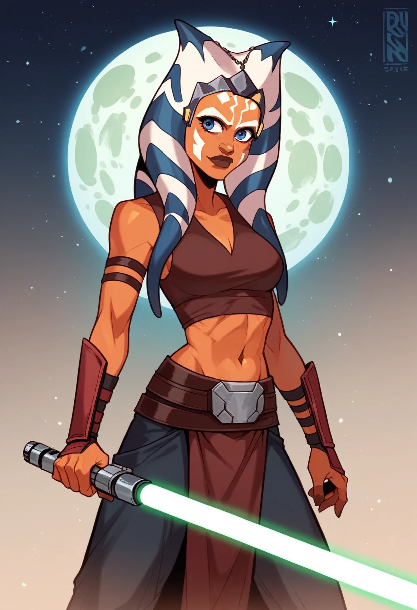 masterpiece, best quality, (1girl), ahsoka_rebels, dual light saber, alien,1girl, cowboy shot, space background