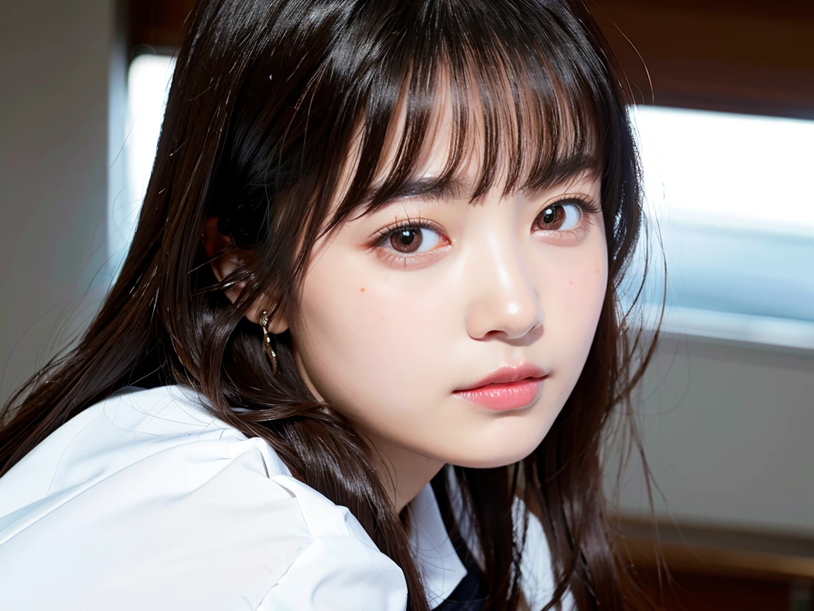 (8K), (highest quality: 1.2), (realistic), (realistic: 1.37), ultra high resolution, 1 girl, cute, smile, closed mouth,(slightly thick lips),beautiful details, beautiful nose,(shiny black hair), bangs,giant dulcefo, pork, thighs,Self snap,University Student Uniform,simple blazer,pleated skirt,opaque tights,bed, (From above),(close up on face)