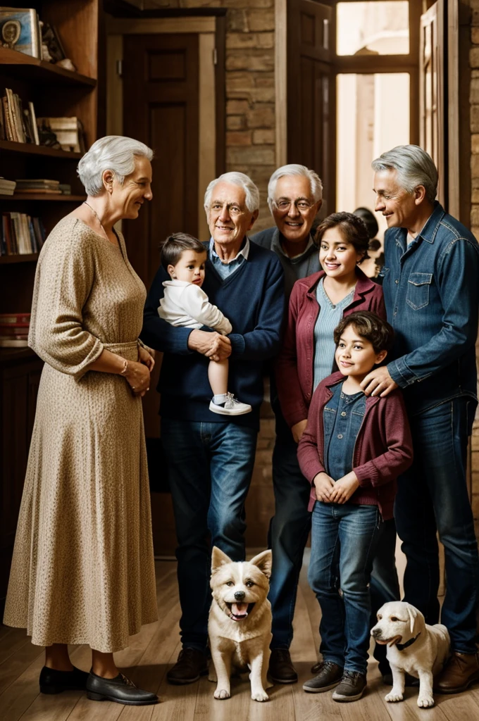 A family with a teenager a boy a girl a grandfather a grandmother Two women and a dog and an adult
