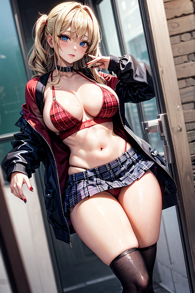 anime woman. blue eye. hair blonde. medium chest. earrings in ear. thick thighs . Nails painted red. Sexy Student Costume Plaid Sexy Thong Skirt