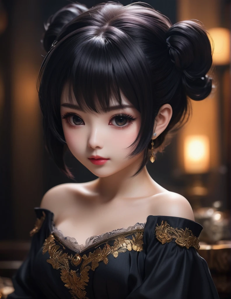 quality(8k wallpaper of extremely detailed CG unit, masterpiece, hight resolution, top-quality, top-quality real texture skin,hyper realisitic, digitial painting,increase the resolution,RAW photos,best qualtiy,highly detailed,the wallpaper),BREAK,8K, Chibi, Kuromi, (highest quality, Tabletop:1.2, 超A high resolution, Realistic:1.5), RAW Photos, One Girl, Off the shoulder, In the Dark, Deep Shadow, Low light, Cool Tones, Captivating Gaze, short hair, Foggy atmosphere, Mysterious atmosphere, Subtle highlights, Dramatic contrast, Graceful pose, Intense emotions, Heavenly beauty, enchanting darkness, Captivating Expressions
