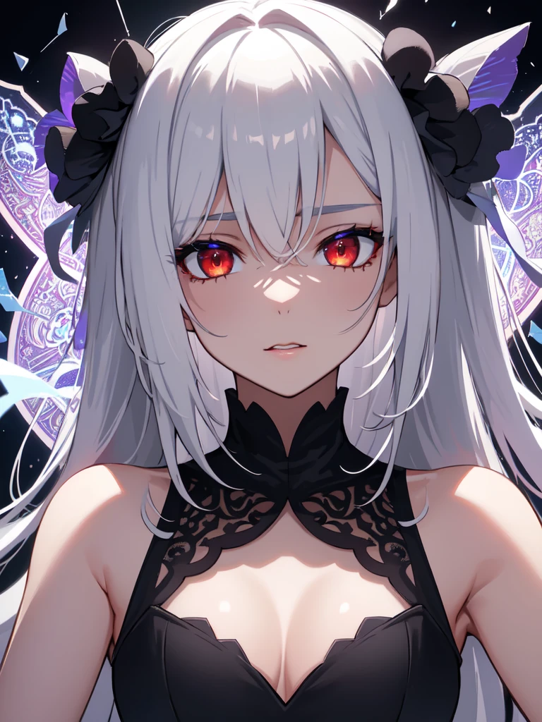 (masterpiece, best quality, ultra-detailed, best shadow), (detailed background,dark fantasy), (beautiful detailed face), high contrast, (best illumination, an extremely delicate and beautiful), ((cinematic light)), colorful, hyper detail, dramatic light, intricate details, (1girl, solo,white hair, sharp face,red eyes, hair between eyes,dynamic angle), blood splatter, swirling black light around the character, depth of field,black light particles,(broken glass),magic circle,