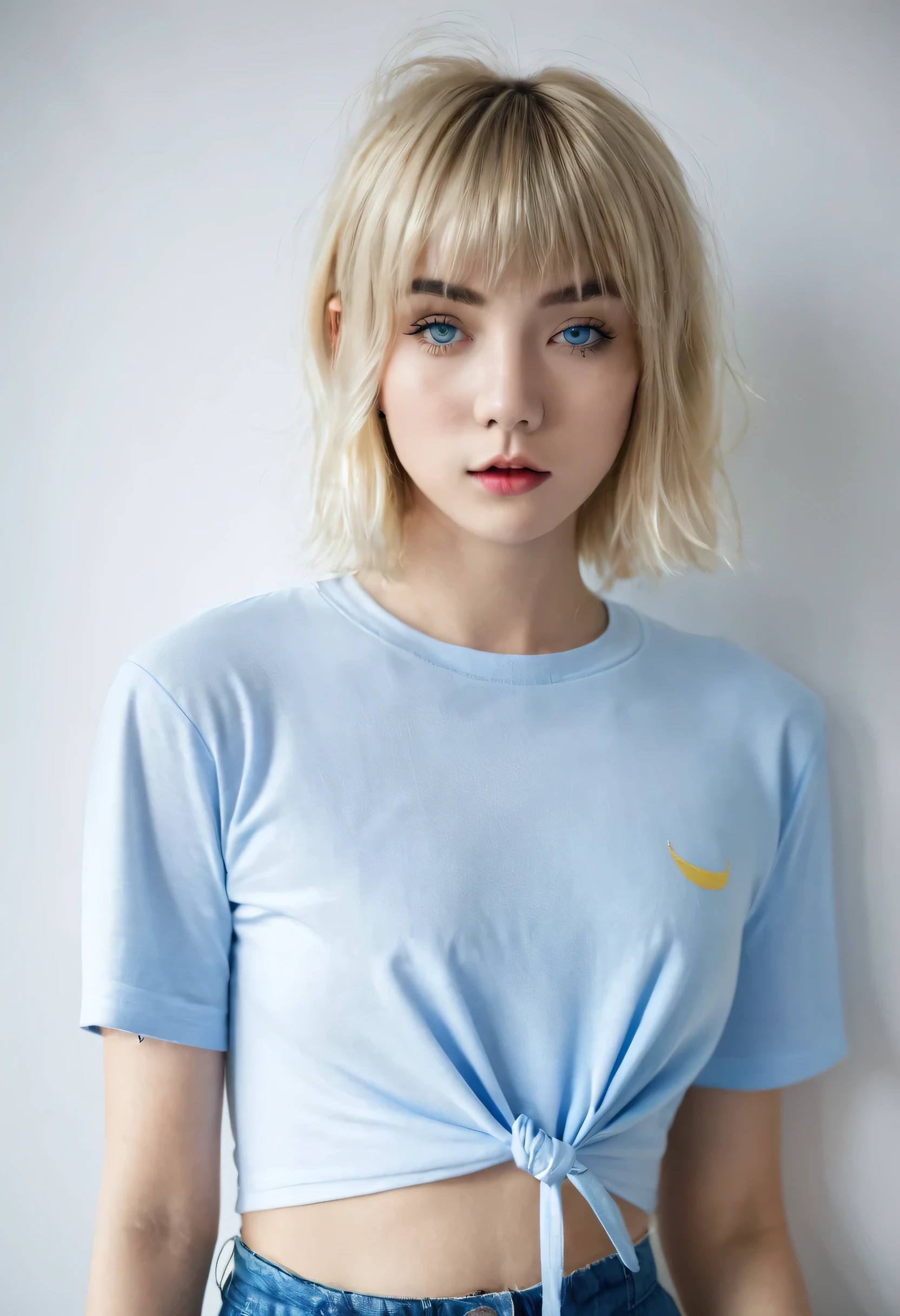 Beautiful 20-year-old woman with a well-defined, sculptural and athletic body, beautiful. perfect, ((blonde hair, hair falling over one eye, emo bangs, short hair, cropped hair)), (blue eyes). very small breasts, perfect skin, white skin. thin nose, thin chin, 30s, tall legs, full body photo, (torn shirt, old t-shirt, sleeveless shirt)