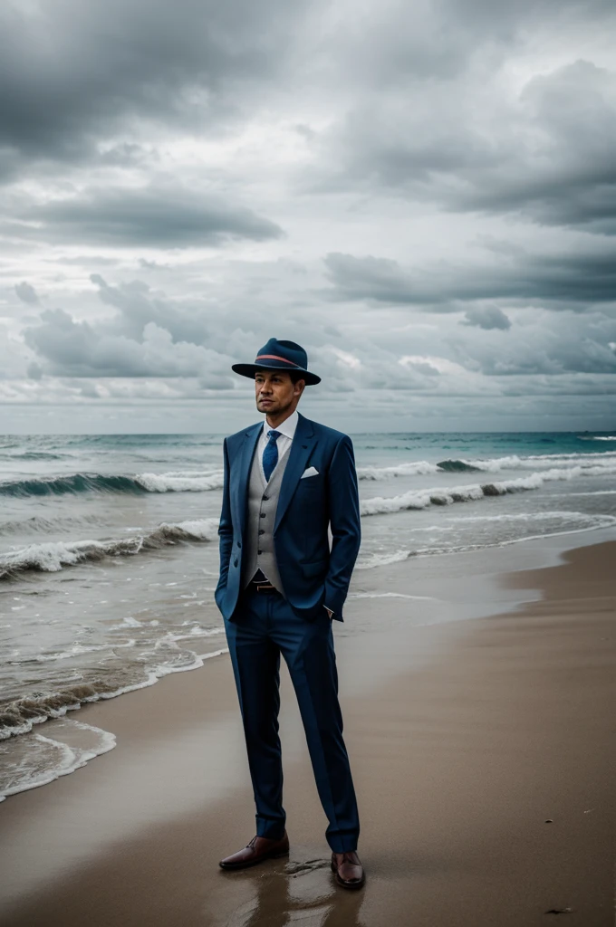 A photograph of a lone man in a cloudy beach in a suit and a hat with a very good posture while standing and the photograph was taken far from the man