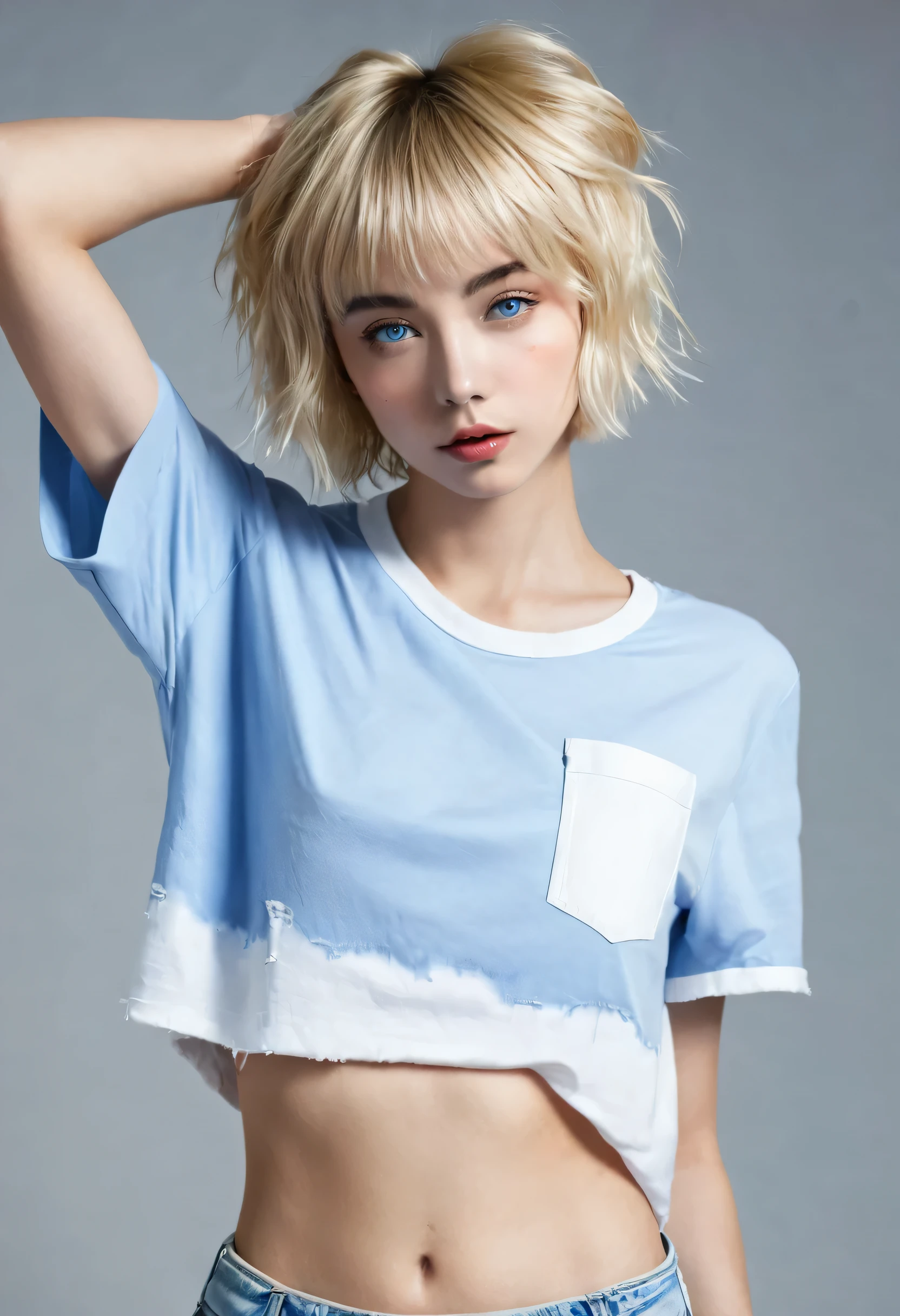 Beautiful 20-year-old woman with a well-defined, sculptural and athletic body, beautiful. perfect, ((blonde hair, hair falling over one eye, emo bangs, short hair, cropped hair)), (blue eyes). very small breasts, perfect skin, white skin. thin nose, thin chin, 30s, tall legs, full body photo, (torn shirt, old t-shirt, sleeveless shirt)