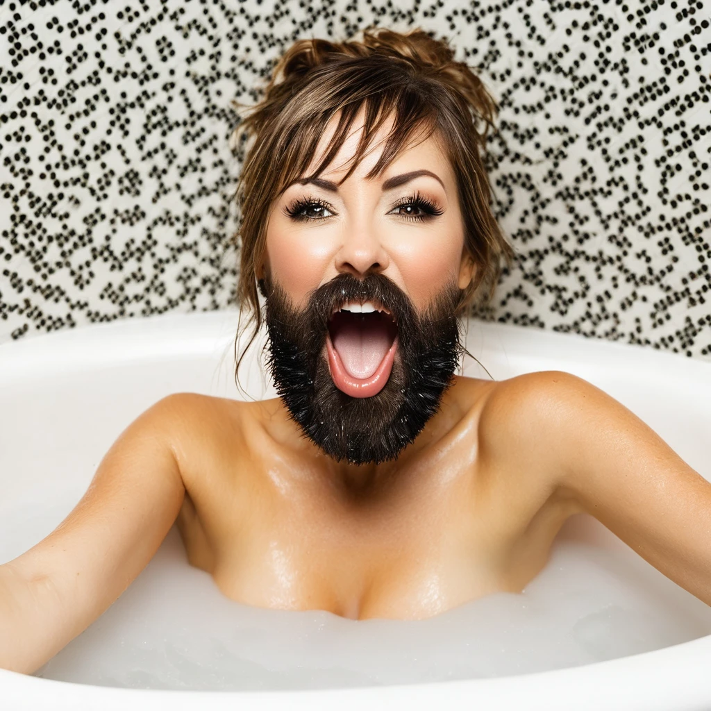 bearded woman, armpit hair, hirsute body, sticks out tongue in bathtub