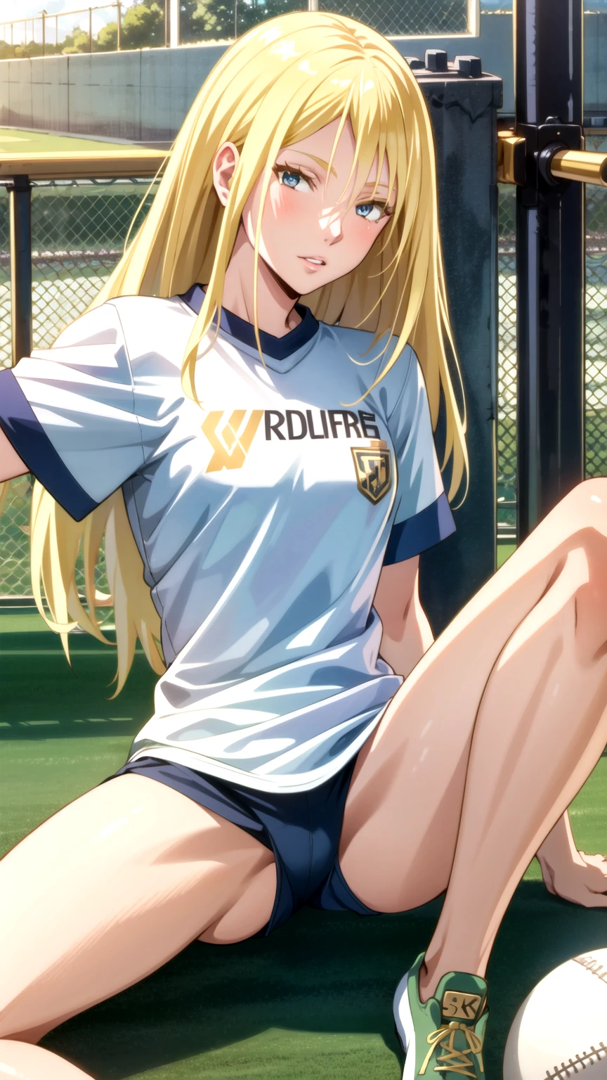 Masterpiece, best quality, very detailed, Ultra high resolution, (photorealistic:1.4), raw photos, (realistic:0.2), 1 girl, alone, long hair,,8k hdr, 1 girl,Blonde hair, medium-large breast, bright eyes, , medium-small breasts,Wear a football shirt,Spread your legs, Ball Field