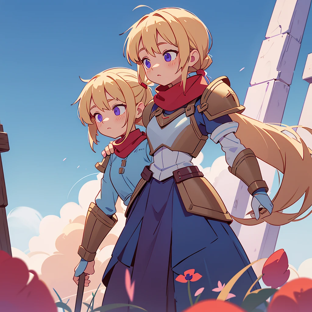 Her name is Poppy, He has very light blonde hair, wear two ponytails, light blue skin, violet eyes, Red scarf, bronze armor. She is short, mide 90cm, personaje whole body, shortstack girl, whole body. She must be alone, only her. Always look straight ahead, light blue skin. bronze armor, leather skirt.