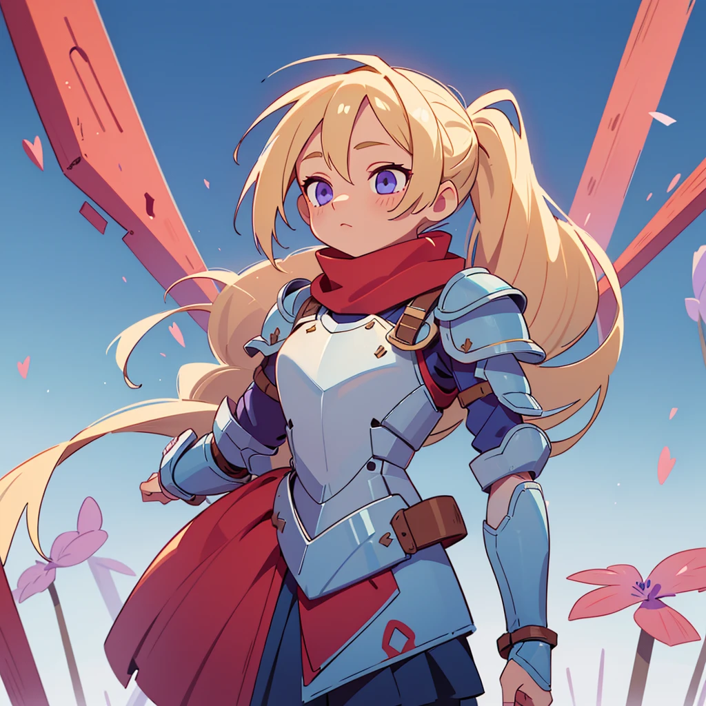 Her name is Poppy, He has very light blonde hair, wear two ponytails, light blue skin, violet eyes, Red scarf, bronze armor. She is short, mide 90cm, personaje whole body, shortstack girl, whole body. She must be alone, only her. Always look straight ahead, light blue skin. bronze armor, leather skirt.