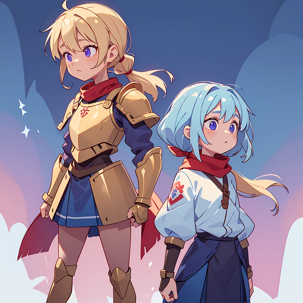 Her name is Poppy, He has very light blonde hair, wear two ponytails, light blue skin, violet eyes, Red scarf, bronze armor. She is short, mide 90cm, personaje whole body, shortstack girl, whole body. She must be alone, only her. Always look straight ahead, light blue skin. bronze armor, leather skirt.