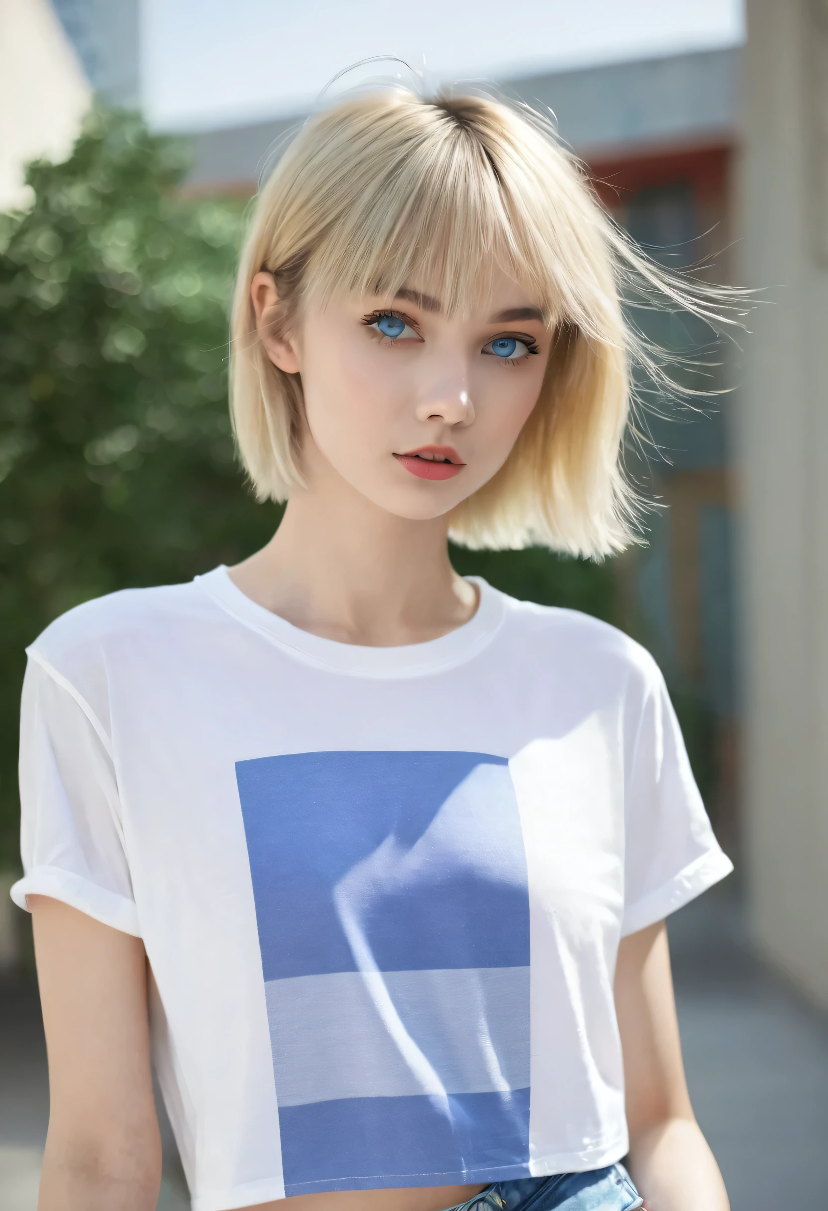 Beautiful 20-year-old woman with a well-defined, sculptural and athletic body, beautiful. perfect, ((blonde hair, hair falling over one eye, emo bangs, short hair, cropped hair)), (blue eyes). very small breasts, perfect skin, white skin. thin nose, thin chin, 30s, tall legs, full body photo, (torn shirt, old t-shirt, sleeveless shirt)